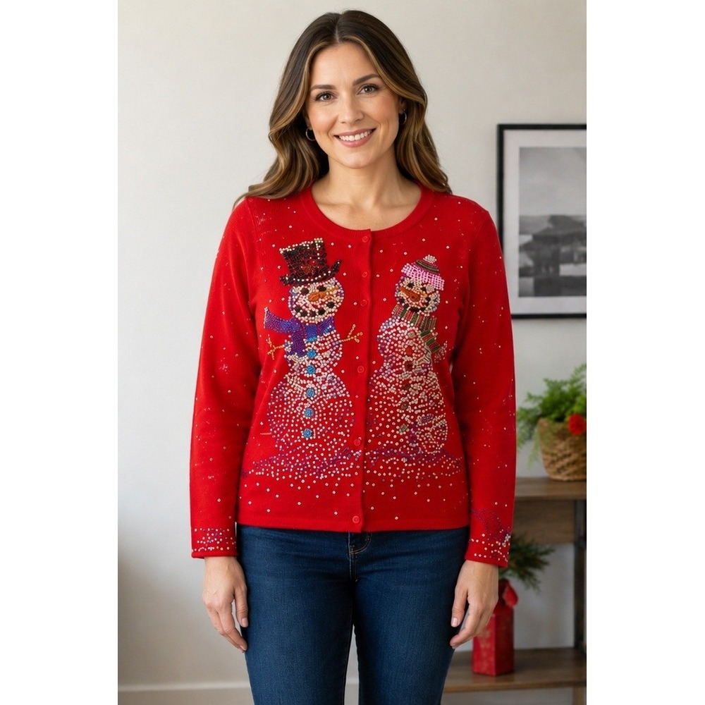 Vintage Michael Simon Christmas Cardigan Sweater XL Red Snowmen Beaded Sequin